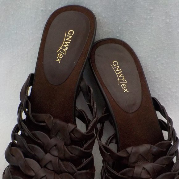 Like New GNW Flex Braided Slide Wedge Sandals Leather Upper Choc Brown SZ 8.5 M - Picture 2 of 12